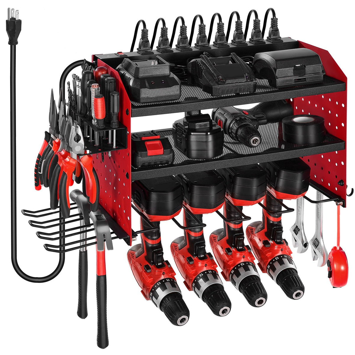 Power Tool Organizer with Charging Station - 3-Tier Wall Mount Rack with 8-Outlet Power Strip, 100 lbs Capacity