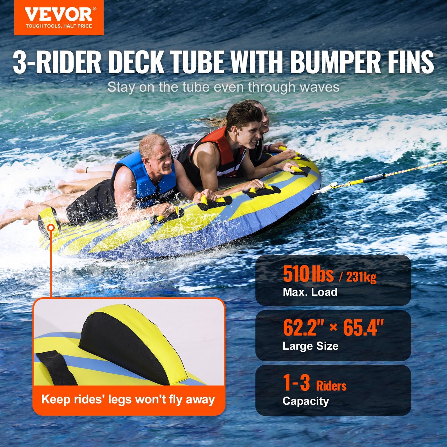Bumper Fin Towable Tube for Boating – 62" Wide, 1–3 Riders, 510 lbs