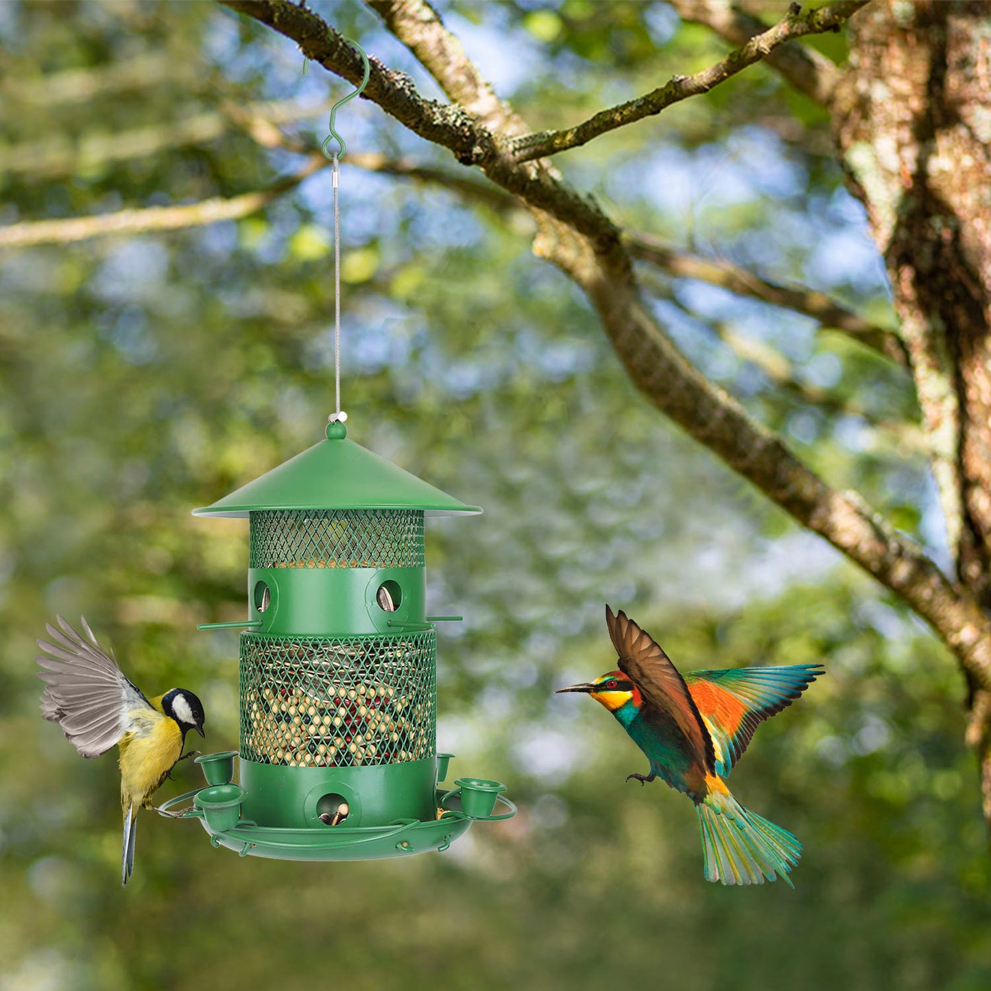 3-Tier Squirrel-Proof Metal Wild Bird Feeder – 360° Perches & Water Cups, Outdoor Hanging