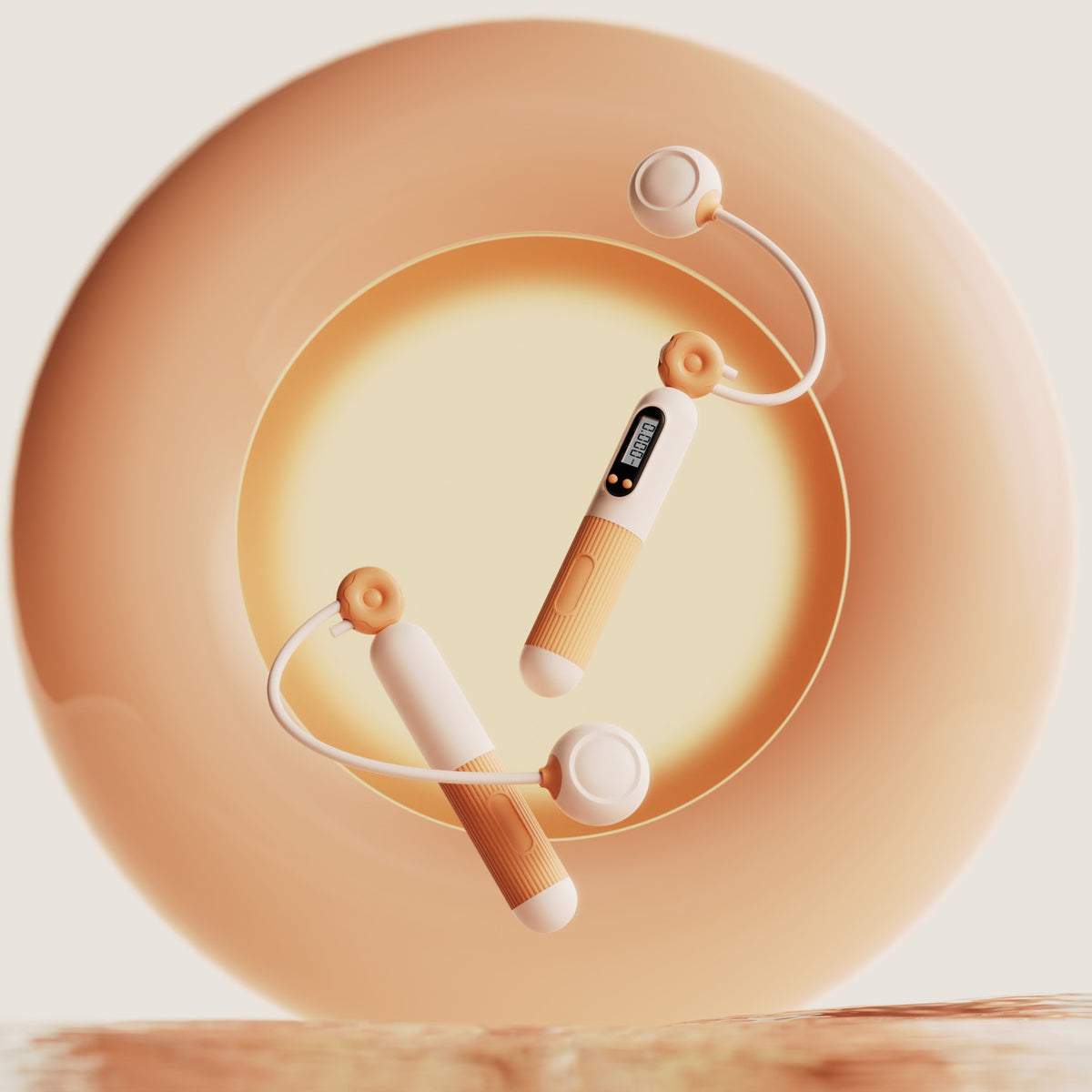 Cardio jump rope with counter featuring adjustable handles in beige and white on a circular background