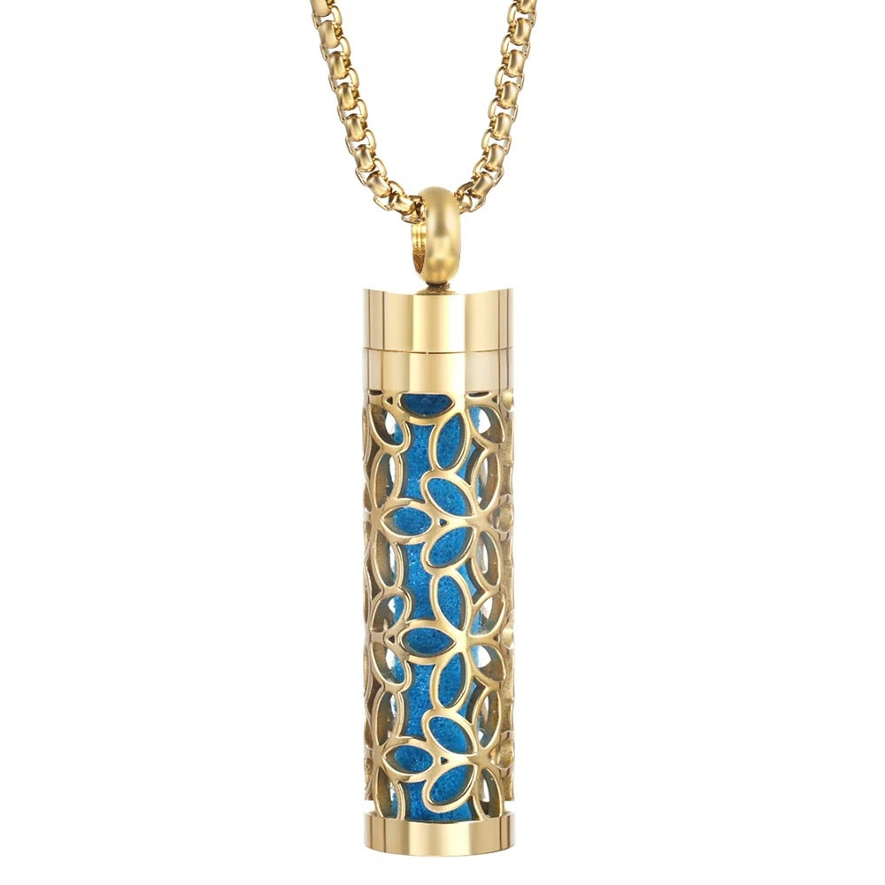 Gold Stainless Steel Aromatherapy Necklace - Cylindrical Hollow Pendant Essential Oil Diffuser