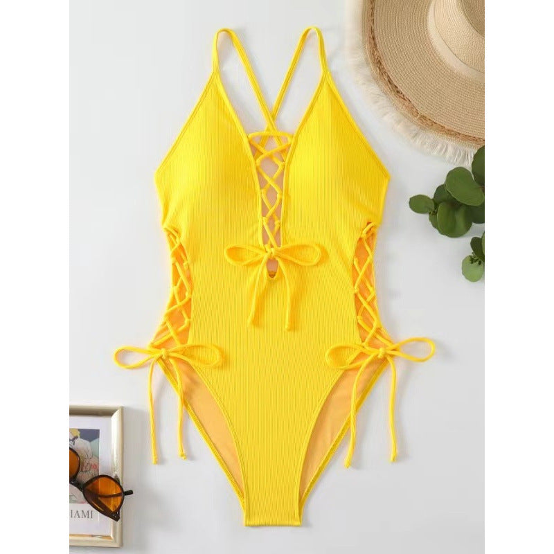 Women's Backless One-Piece Swimsuit – Solid Color Sleeveless Bathing Suit
