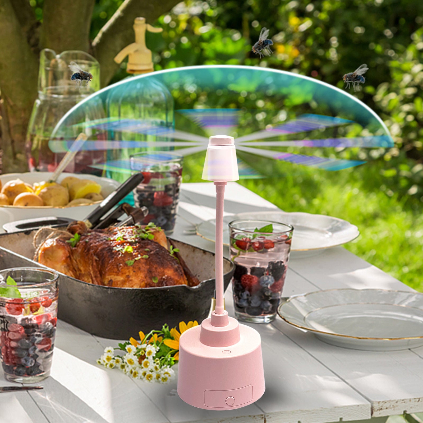Sheila Merchandise chemical free mosquito repellent fan on outdoor table protecting food from flies