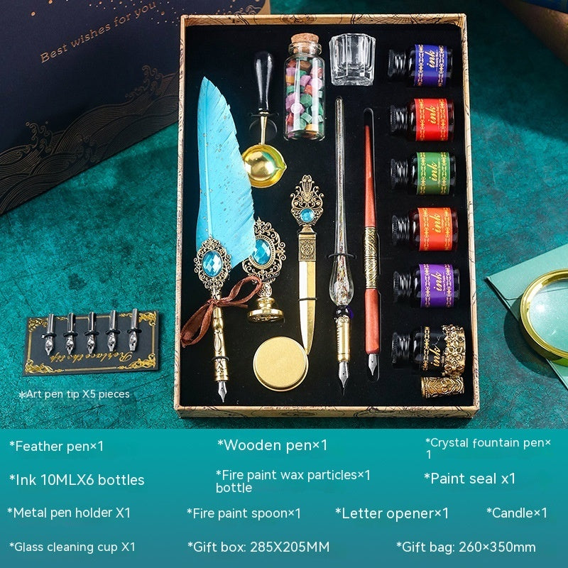 Classical Feather Pen Set with blue feather pen, ink bottles, wooden and crystal fountain pens, and writing accessories
