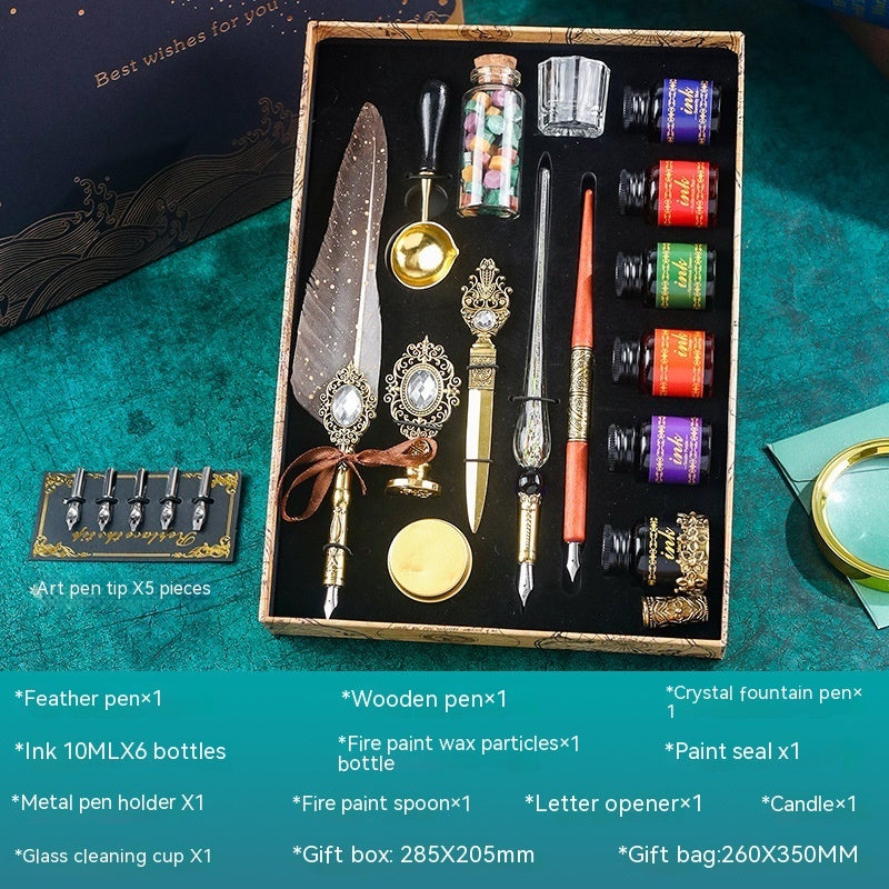 Classical Feather Pen Set by Sheila Merchandise with feather pen, wooden pen, ink bottles, and accessories in gift box