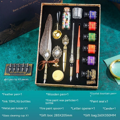Classical Feather Pen Set by Sheila Merchandise with feather pen, wooden pen, ink bottles, and accessories in gift box