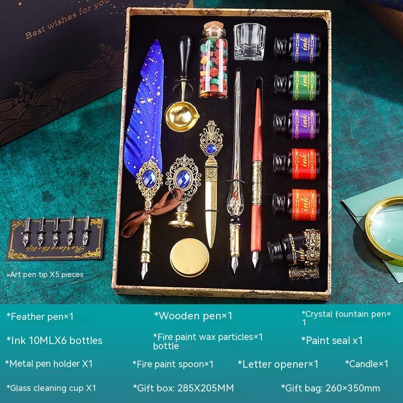 Classical Feather Pen Set by Sheila Merchandise including feather pen, wooden pen, ink bottles, paint seal, letter opener, and candle in gift box