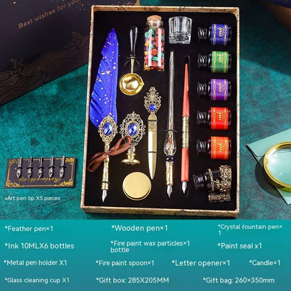 Classical Feather Pen Set by Sheila Merchandise including feather pen, wooden pen, ink bottles, paint seal, letter opener, and candle in gift box