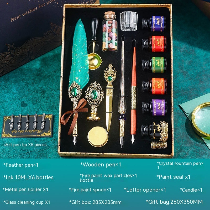 Classical Feather Pen Set by Sheila Merchandise with multiple ink bottles, feather and wooden pens, wax seal, and accessories in gift box