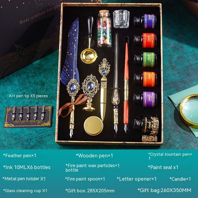 Classical Feather Pen Set by Sheila Merchandise with blue feather pen ink bottles letter opener and wax seal