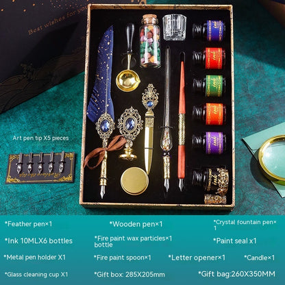 Classical Feather Pen Set by Sheila Merchandise with blue feather pen ink bottles letter opener and wax seal