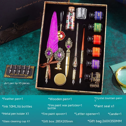 Classical Feather Pen Set with purple feather pen, wooden pen, crystal fountain pen, six ink bottles, and accessories in a gift box