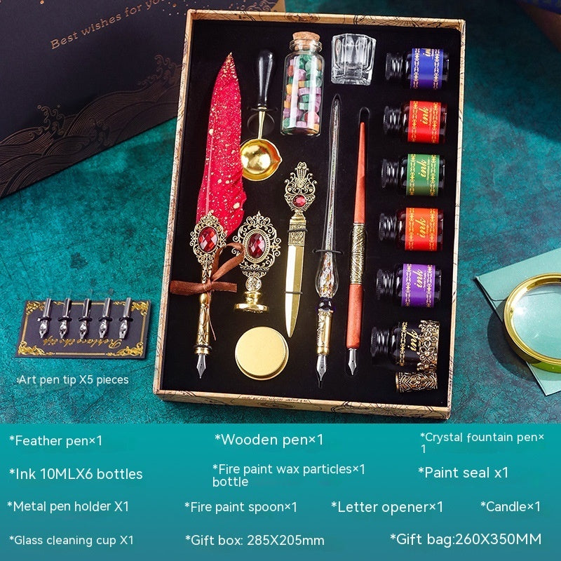 Classical Feather Pen Set by Sheila Merchandise with complex mechanical feather pens ink bottles and accessories in a gift box