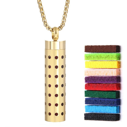 Gold Stainless Steel Aromatherapy Necklace - Cylindrical Hollow Pendant Essential Oil Diffuser