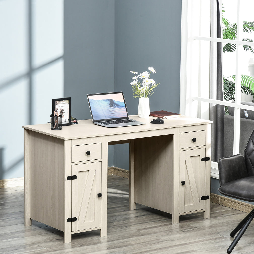 Farmhouse Computer Desk with Storage, Home Office Desk with 2 Drawers and 2 Cabinets, Cream White