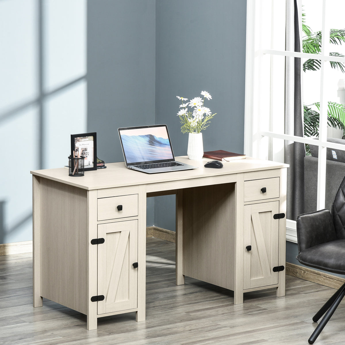 Farmhouse Computer Desk with Storage, Home Office Desk with 2 Drawers and 2 Cabinets, Cream White