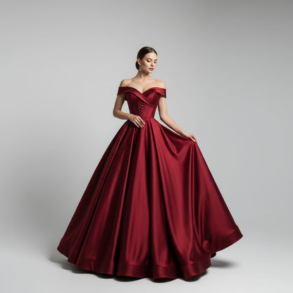 Wine Red Satin Wedding Dress - Elegant Bridal Gown