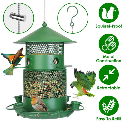 3-Tier Squirrel-Proof Metal Wild Bird Feeder – 360° Perches & Water Cups, Outdoor Hanging