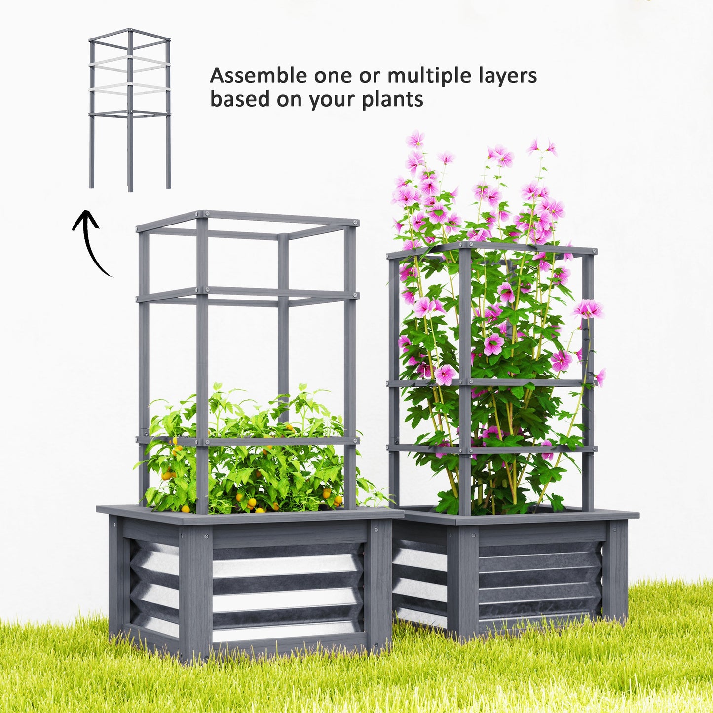 Wooden Raised Garden Bed with Trellis — Galvanized Steel Planter Box for Garden & Patio
