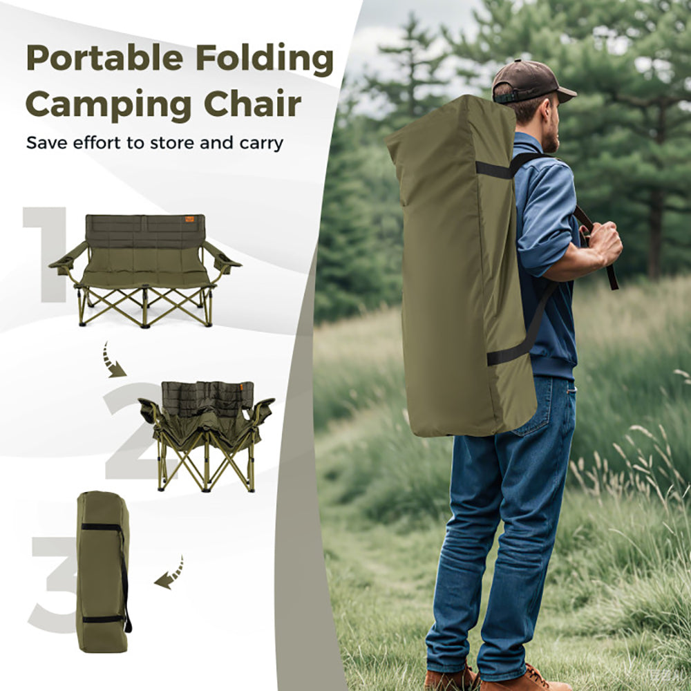 Double Camping Loveseat Chair - Oversized Folding Couch with Cup Holders, 660 lbs Capacity