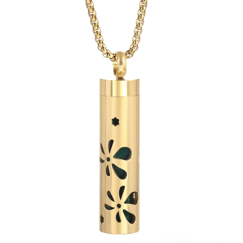 Gold Stainless Steel Aromatherapy Necklace - Cylindrical Hollow Pendant Essential Oil Diffuser