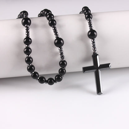 Natural Round Beads Long Chain Cross Necklace – Elegant Prayer Jewelry