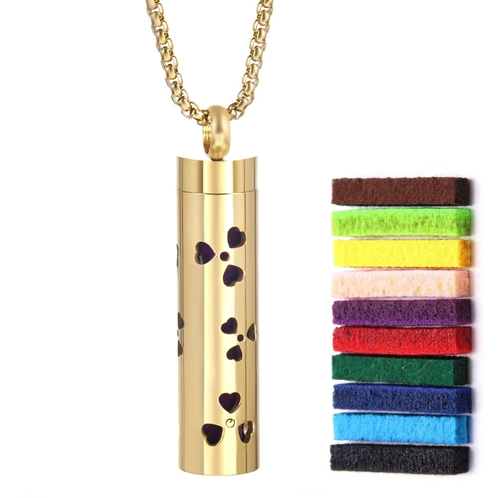 Gold Stainless Steel Aromatherapy Necklace - Cylindrical Hollow Pendant Essential Oil Diffuser