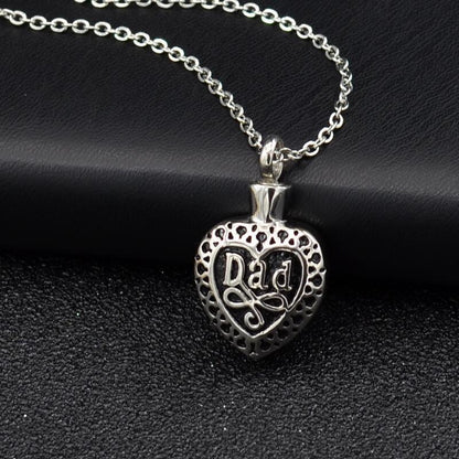 Silver heart urn pendant for ashes with Dad inscription on delicate chain necklace