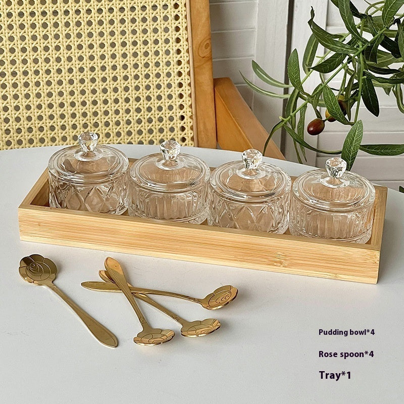 Glass Pudding & Dessert Cup Set – 4 Bowls, Spoons & Tray