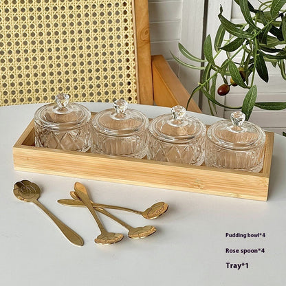 Glass Pudding & Dessert Cup Set – 4 Bowls, Spoons & Tray