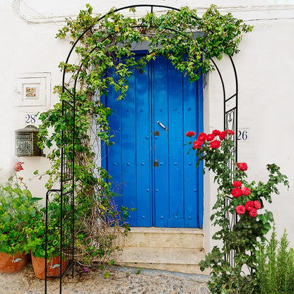 Decorative garden arch for climbing plants adorned with green vines and vibrant roses