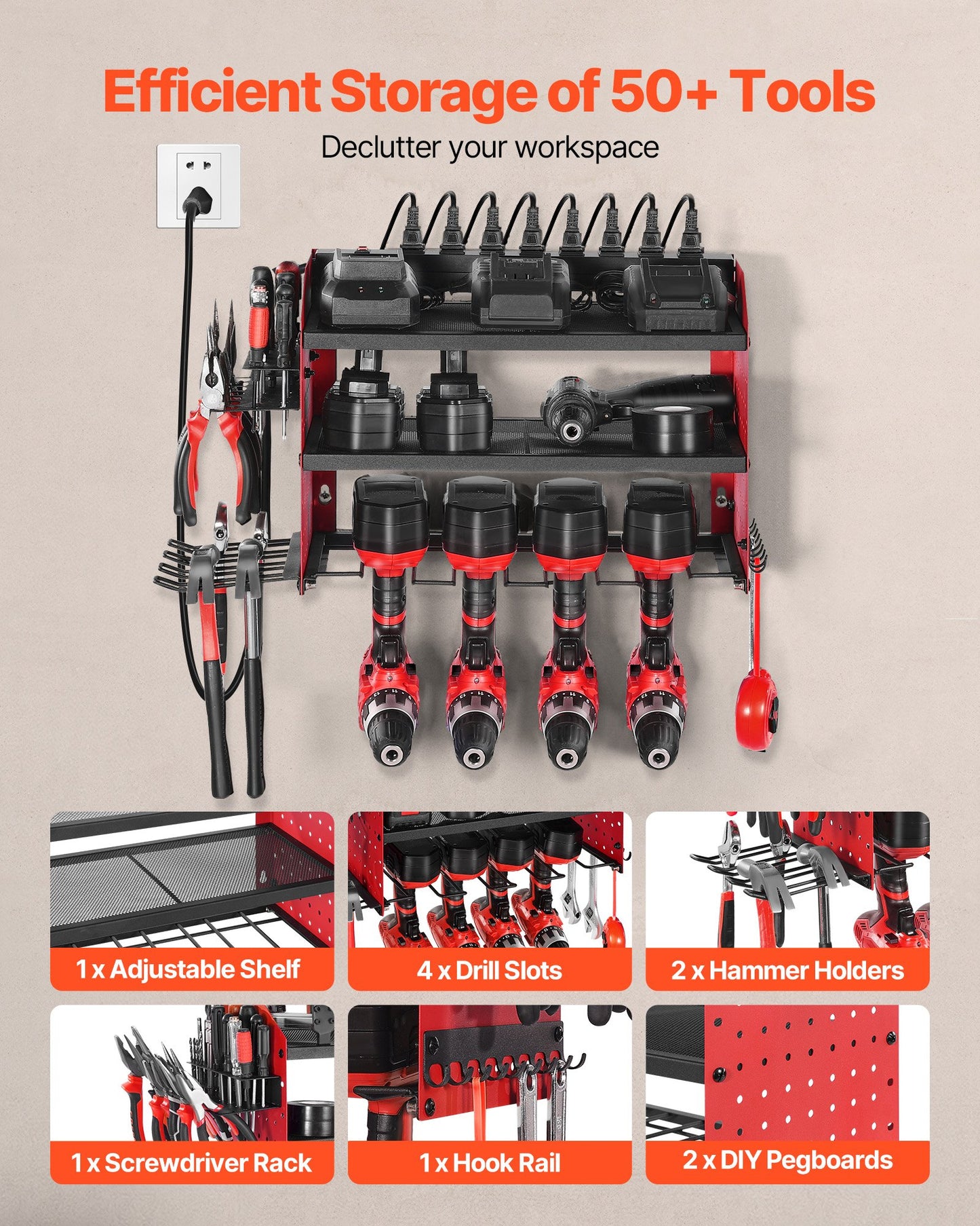 Power Tool Organizer with Charging Station - 3-Tier Wall Mount Rack with 8-Outlet Power Strip, 100 lbs Capacity