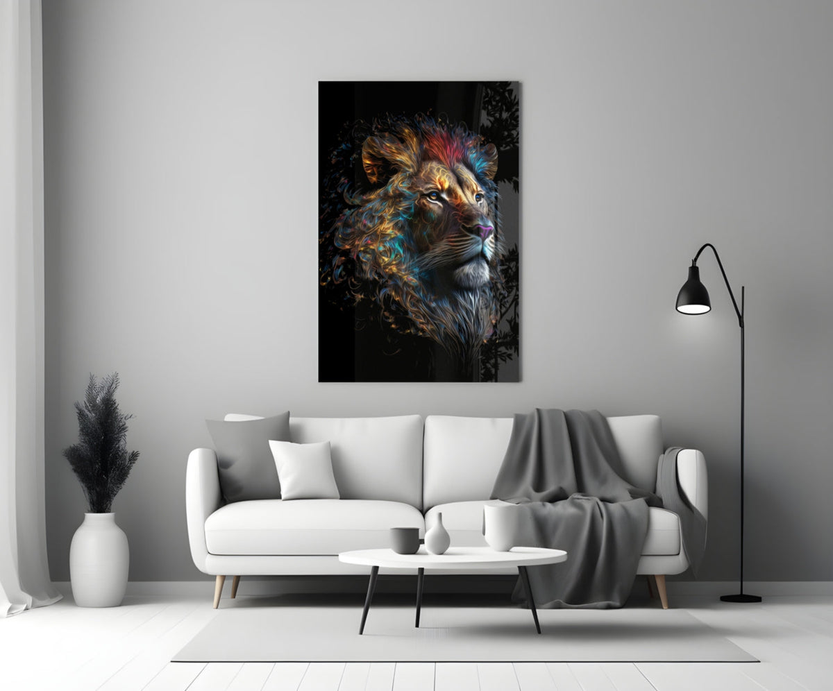 Copper Blue Swirling Mane Lion Glass Wall Art