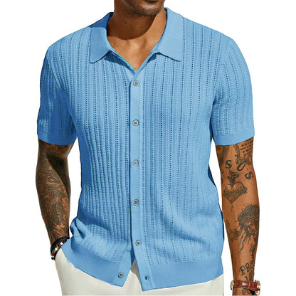 Men's Knitted Short Sleeve Button-Down Shirt, Solid Color