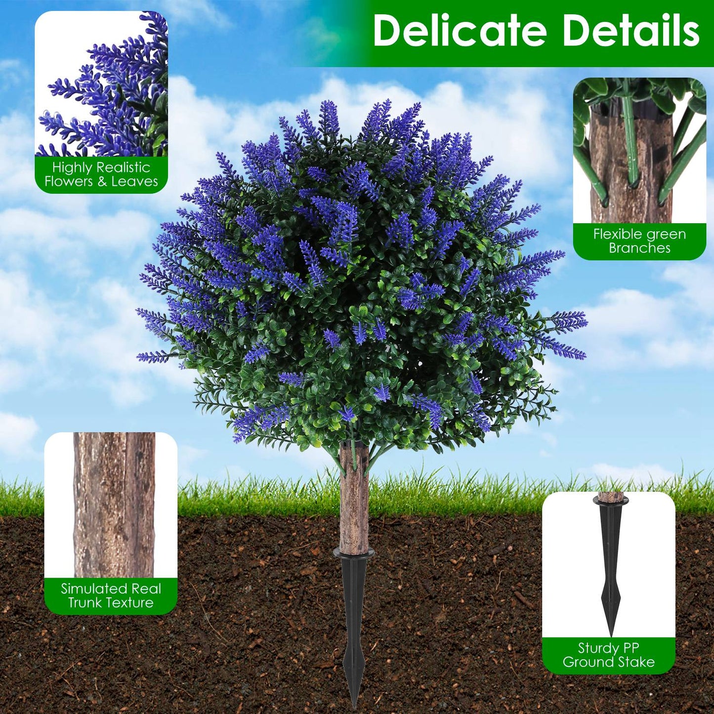 2 Packs Artificial Lavender Topiary Ball Trees UV Resistant Artificial Shrubs Fake Plants Evergreen Artificial Bush With Ground Spike For Indoor Outdoor Front Porch Garden