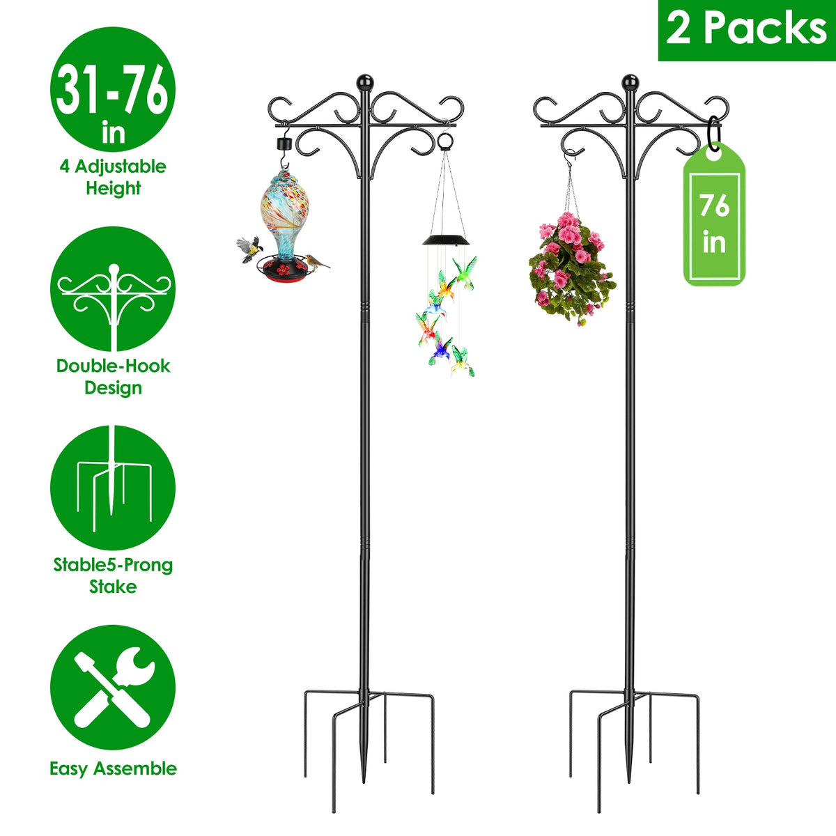 2-Pack Heavy Duty Double Shepherd's Hook — Bird Feeder & Garden Hanging Pole