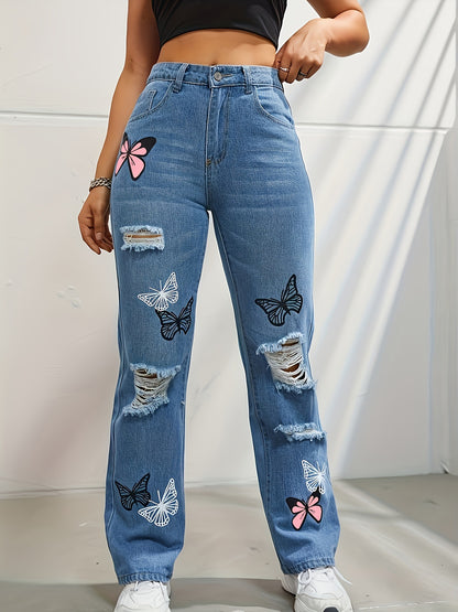 Women's Butterfly Print High Waist Straight Leg Jeans