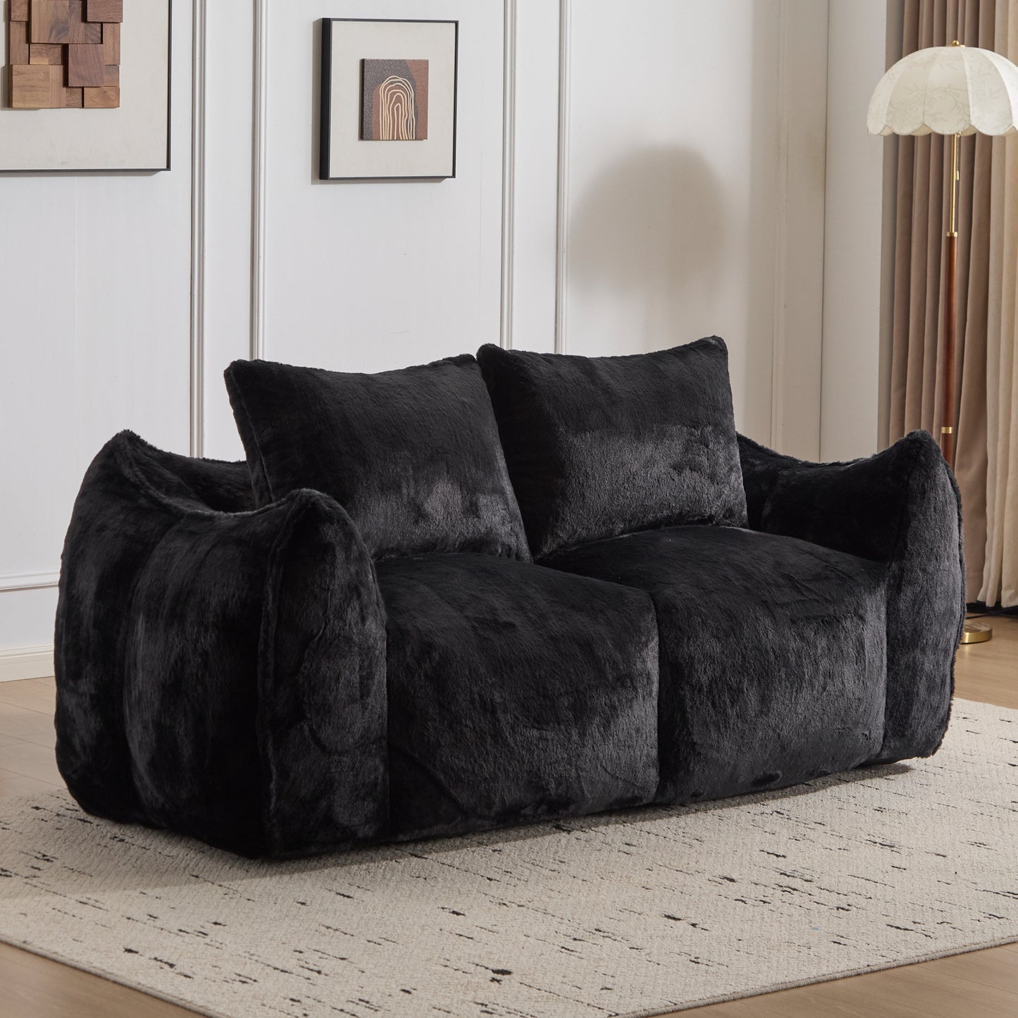Giant Bean Bag Loveseat — Oversized Fluffy Sofa Chair with Pillows, Black