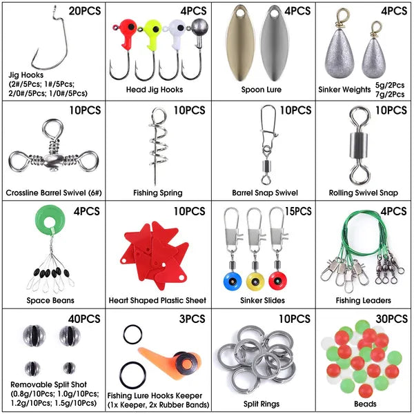 188PCS Fishing Accessory Kit – Portable Tackle Set with Jig Hooks, Sinker Weights, Spoon Lure & More