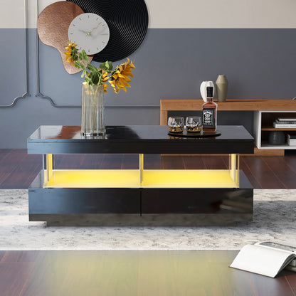 Coffee Table For Living Room, High Gloss Tea Table With LED Lights, Centre Table With 2 Drawers And Open Storage Space, End Table For Home Office Furniture, Black