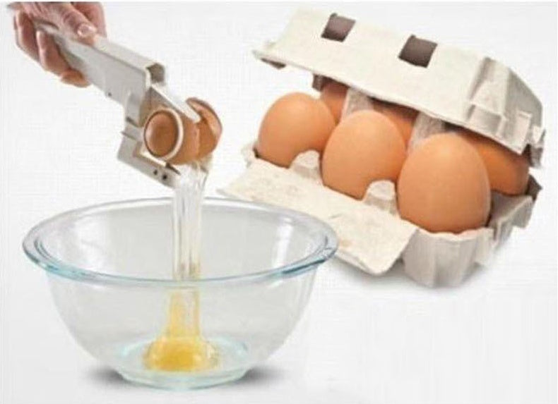 Sheila Merchandise easy egg cracking tool in use to effortlessly crack an egg into a bowl