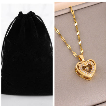 Rhinestone-Embellished Titanium Steel Love Necklace.
