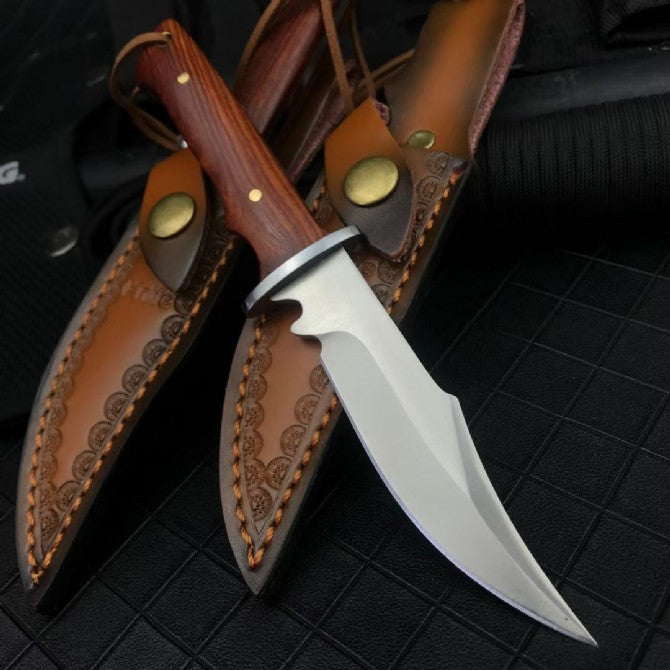 Compact Fixed Blade Knife - 5CR13 Steel with Rosewood Handle & Leather Sheath for Camping & EDC
