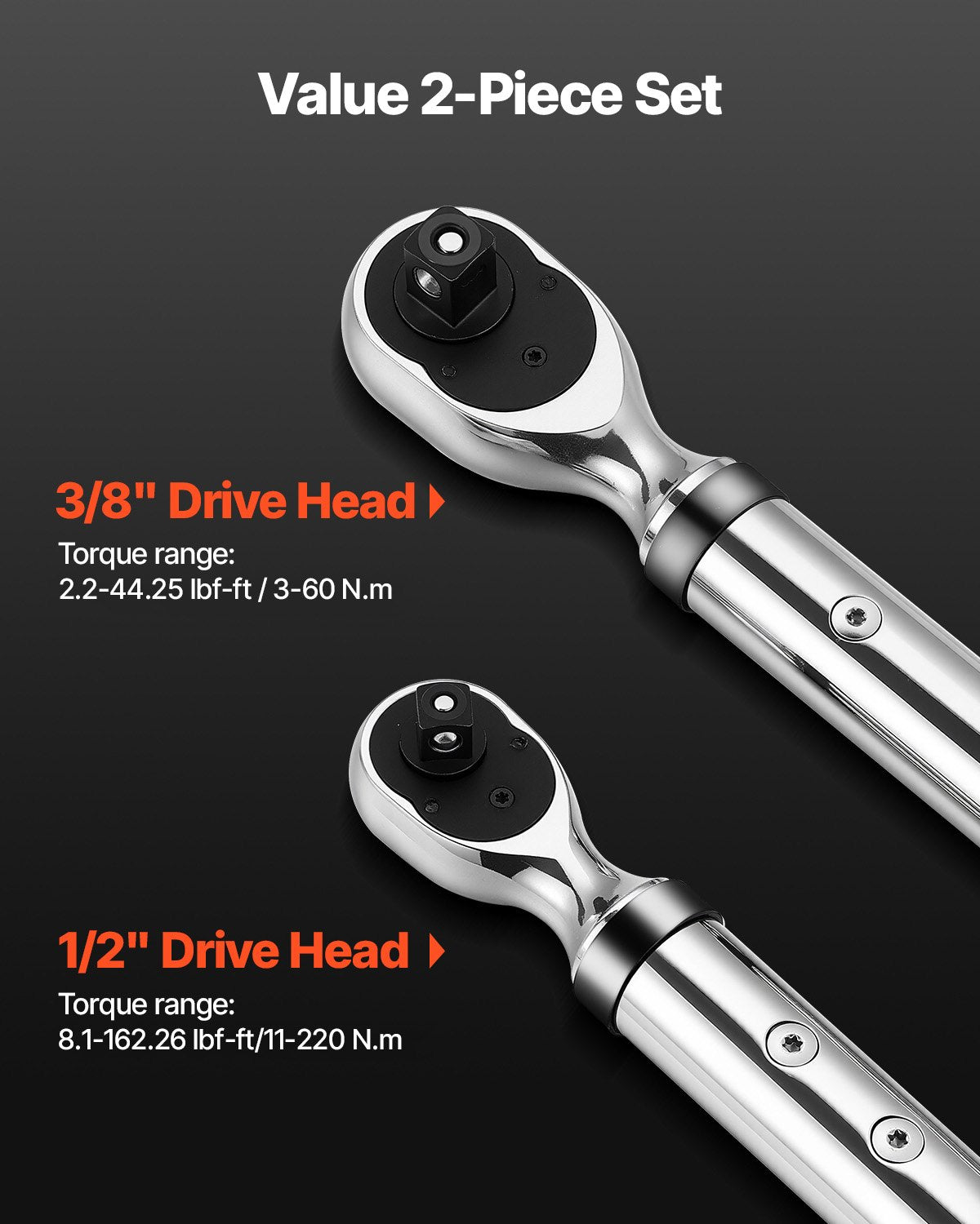 Digital Torque Wrench Set, 2 Pieces, 1-2, 3-8 Inch Drive, 72-Tooth High Accuracy Electronic Torque Wrench With Preset Value, Buzzer And LED Notification, For Automotive Motorcycle