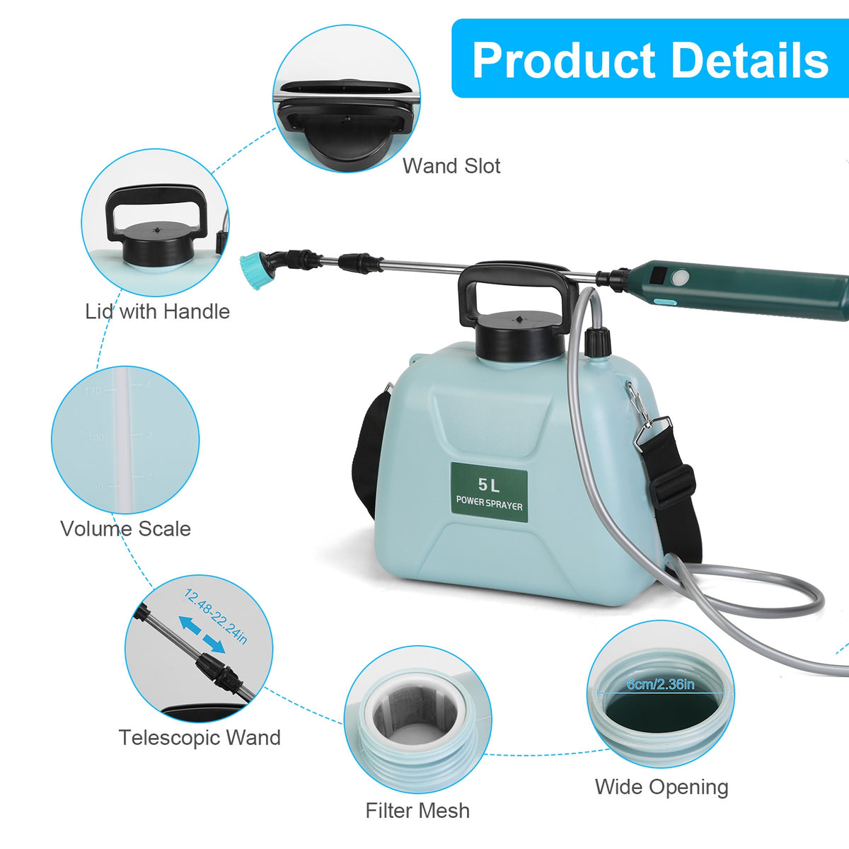 Electric Garden Sprayer – 5L Battery-Powered with Telescopic Wand & 3 Nozzles