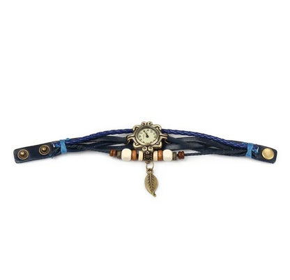 Women's Bohemian Leather Leaf Bracelet Watch – Handwoven Quartz Watch in Blue