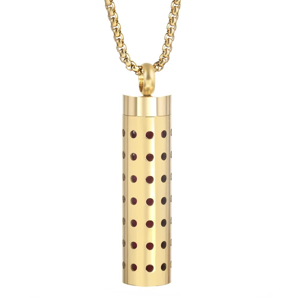 Gold Stainless Steel Aromatherapy Necklace - Cylindrical Hollow Pendant Essential Oil Diffuser