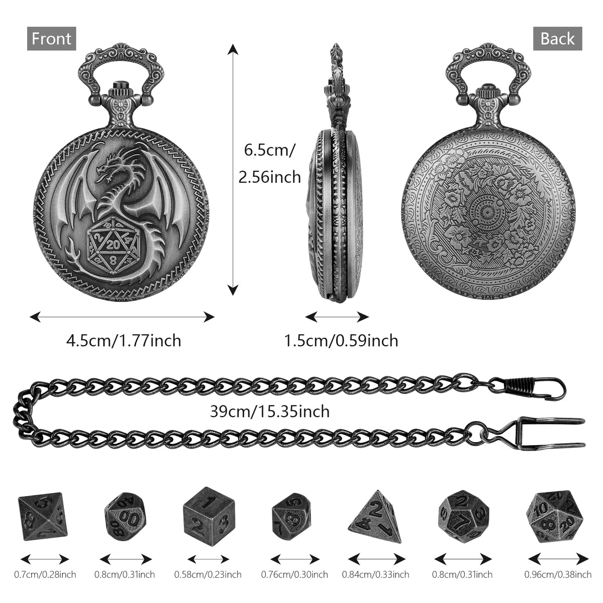 Retro Pocket Watch & 7-Piece DND Metal Dice Set – RPG Gift Bundle