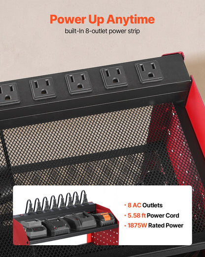 Power Tool Organizer with Charging Station - 3-Tier Wall Mount Rack with 8-Outlet Power Strip, 100 lbs Capacity