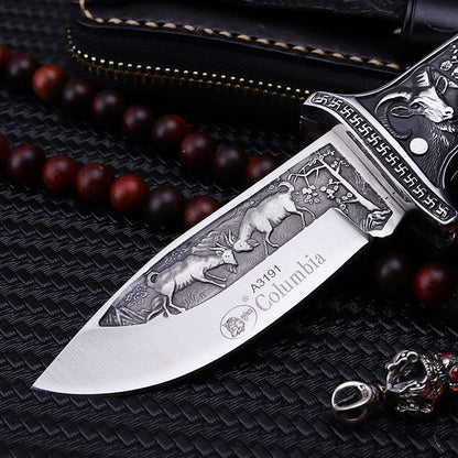 Premium Folding  Knife - 440C Steel Blade with Hardwood Handle & Leather Sheath